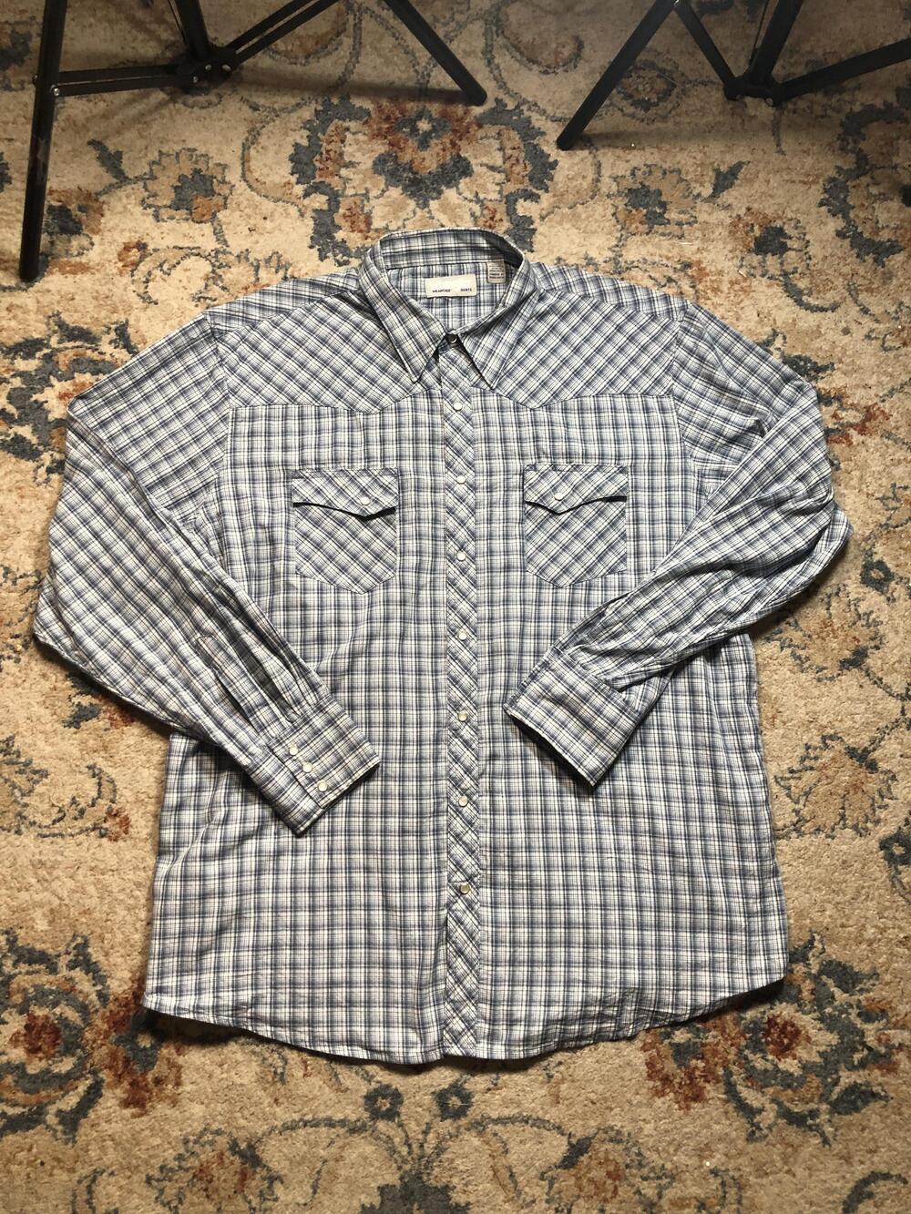 Wrangler Wrancher Shirt Mens Large Blue White Plaid Pearl Snap Western Cowboy
